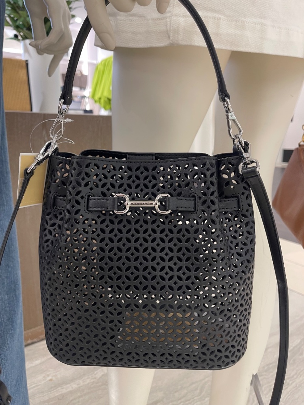 Carson Small Floral Laser Cut Bucket Crossbody Bag Black - Picture 5 of 13